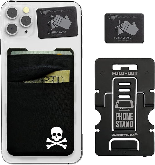 Gecko Travel Tech Double Pocket - Adhesive Card Holder - Cell Phone Pouch - Stick on Spandex Pocket - Carry Credit Cards and Cash - Skull