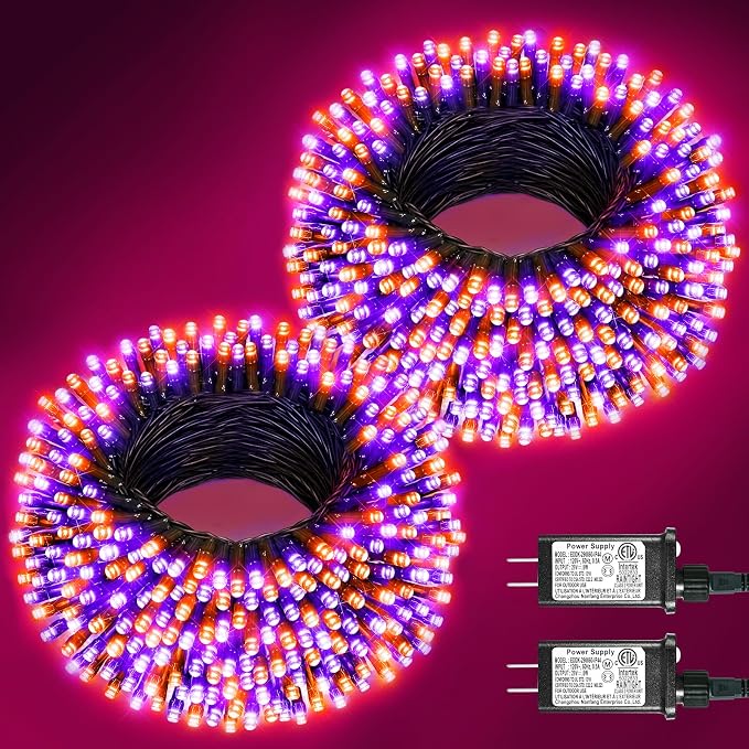 2 Pack Christmas Lights Outdoor, Total 200FT 600 LED Purple Orange String Lights for Outside with 8 Modes Waterproof, Plug in Christmas Decorations for Indoor House Patio Garden Party Holiday