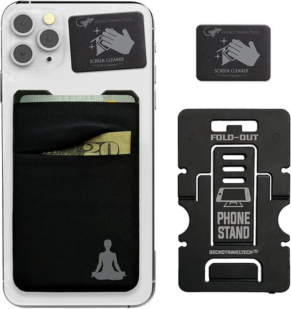 Gecko Travel Tech Double Pocket - Adhesive Card Holder - Cell Phone Pouch - Stick on Spandex Pocket - Carry Credit Cards and Cash (YOGA)