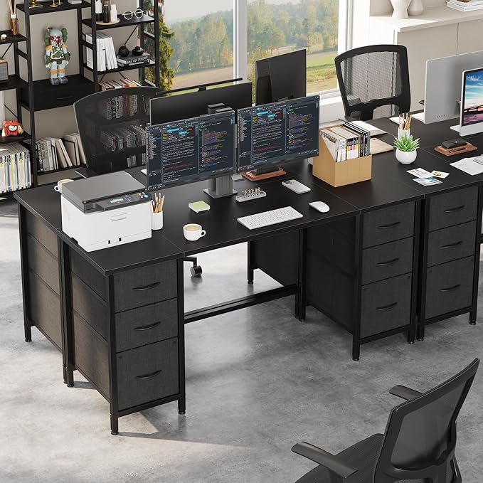 63'' Office Desk with 6 Fabric File Drawers - File Drawer Organization, Computer Work Desk, Study Writing Table, Home Office Workstation, Black