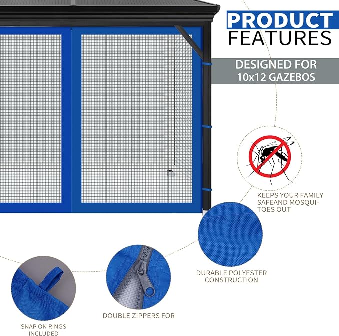 Gazebo Universal Replacement Mosquito Netting, Outdoor Mesh Netting Screen 4-Panel Sidewall with Zipper for Patio, Canopy, Garden and Backyard, Gray(Mosquito Net Only) (Blue, 10' x 12')