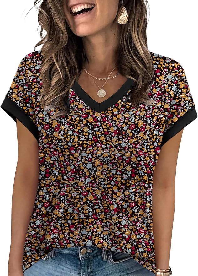 WIHOLL Womens Summer Tops 2026 Cap Short Sleeve Shirs V Neck T Shirts Fashion Beach Vacation Clothes Color Block