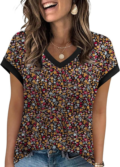 WIHOLL Womens Summer Tops 2026 Cap Short Sleeve Shirs V Neck T Shirts Fashion Beach Vacation Clothes Color Block