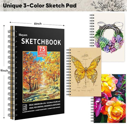 iBayam 78-Pack Drawing Set Sketching Kit Art Supplies for Adult, Christmas Gifts for Adult, with 3-Color Sketchbook, Coloring Book, Colored, Graphite, Charcoal, Watercolor & Metallic Pencil