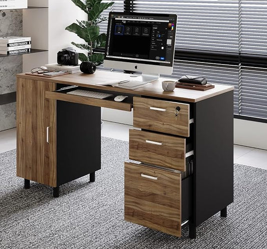 Modern Design By Crafts & comfort Venice Computer Desk - Office Desk with 3 Drawers & CPU Storage Cabinet - Laptop Workstation with Keyboard Tray & Cable Hole - Home & Office Supplies -Cass/black