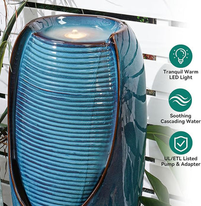 Autodaya 33" H Ceramic Jar Outdoor Water Fountain, Banana Leaf-Texture | Artisan High-Fired Glaze, Warm Ambient LED Lighting, Upgraded Pump, Soothing Cascading Water Feature For Garden Patio Yard