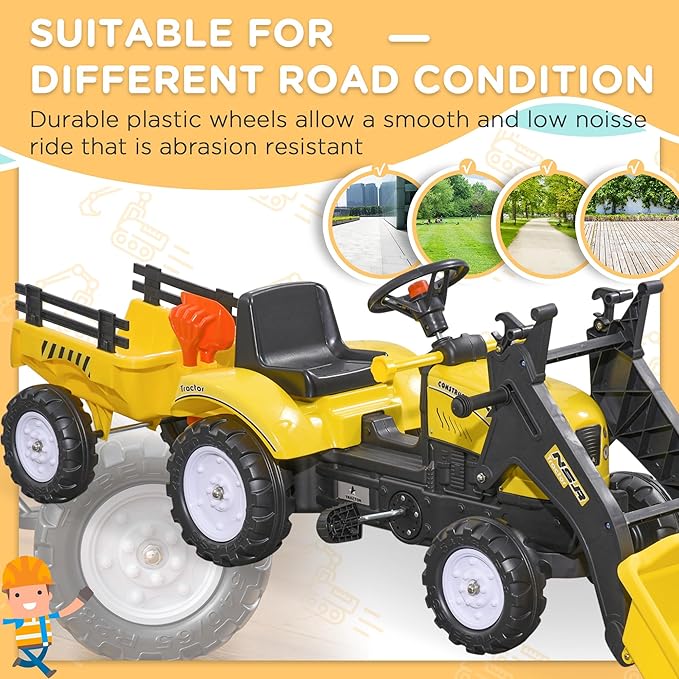 Aosom Kids Ride-On Excavator, Pedal Car Bulldozer, Move Forward/Back with Real Working Dirt Bucket, 6 Wheels, & Cargo Trailer
