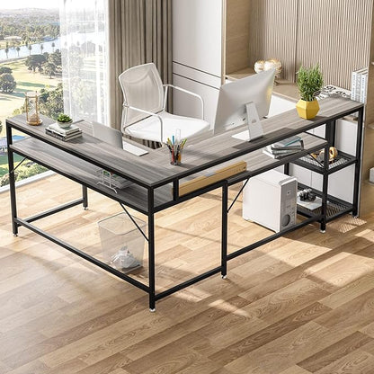 L-Shaped Desk with Monitor Shelf,Corner Computer Desk with Storage, Gray