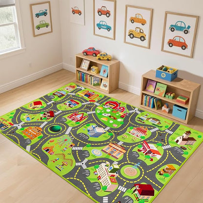 Kids Car Rug Play Mat, Non Slip City Road Carpet for Kids Toy Cars, Car Track Rug Play Mats for Floor, Educational Vehicle Rugs for Playroom Bedroom Kids Room, Machine Washable (60"X36", A)