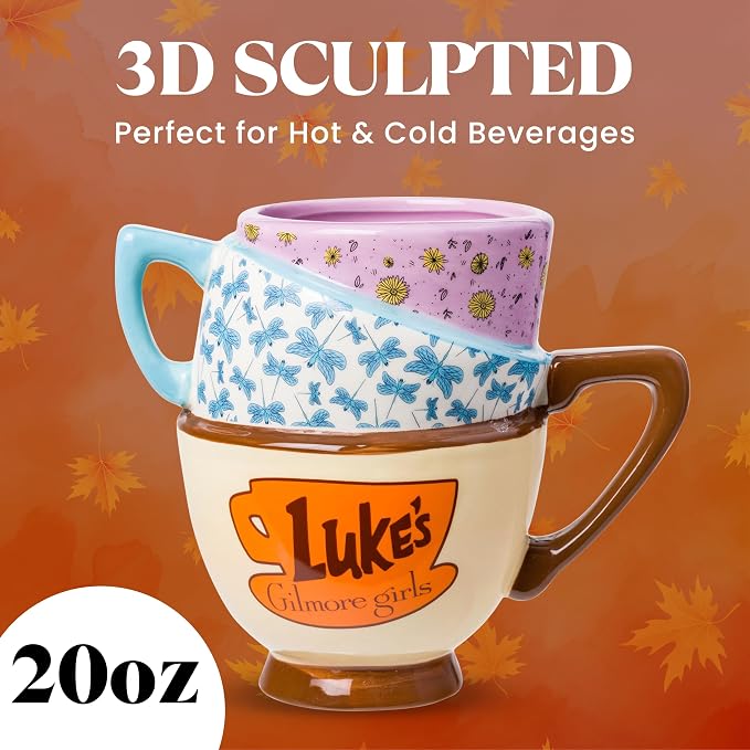 Silver Buffalo Gilmore Girls Stars Hollow Locations, 3D Sculpted Mug, 20oz | Destination, Luke's Diner, Doose's Market and Dragonfly Inn, Ceramic Stacked Teacup, 0.59 Liters