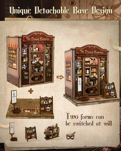 Cutefun Book Nook Kit - DIY Miniature Dollhouse Booknook Kit for Adults and Teens, 3D Wooden Puzzle Bookshelf Insert Decor with LED Light, Gifts for Family and Friends (The Drama Bookshop)
