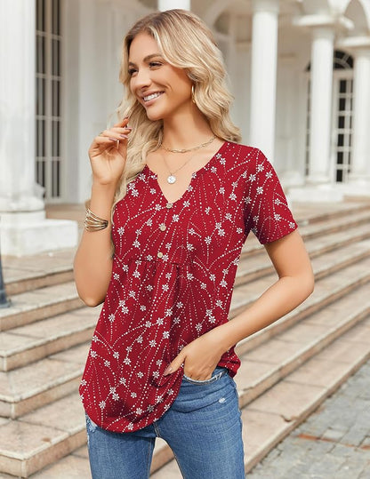 Zeagoo Womens Short Sleeve Tops Summer Henley V-Neck Tshirts Casual Pleated Blouse Dressy Loose Floral Basic Tee