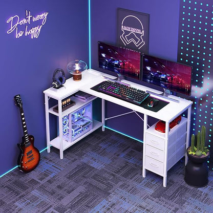 DUMOS L Shaped Desk with Drawers, Gaming Desk, 55 Inch | Power Outlet, Study Table, Adjustable Shelves, Home Office, Corner Computer Workstation, Bedroom, White