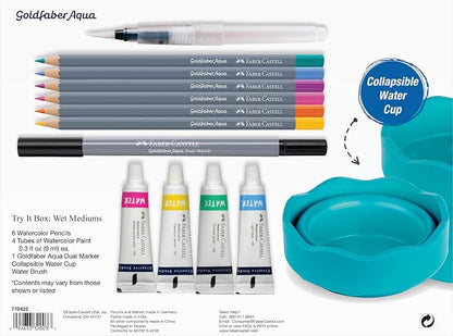 Faber-Castell Try It Box: Wet Mediums, 13 Piece Watercolor Art Set including Watercolor Pencils & Paint, Water Brush Pen and Paint Water Cup