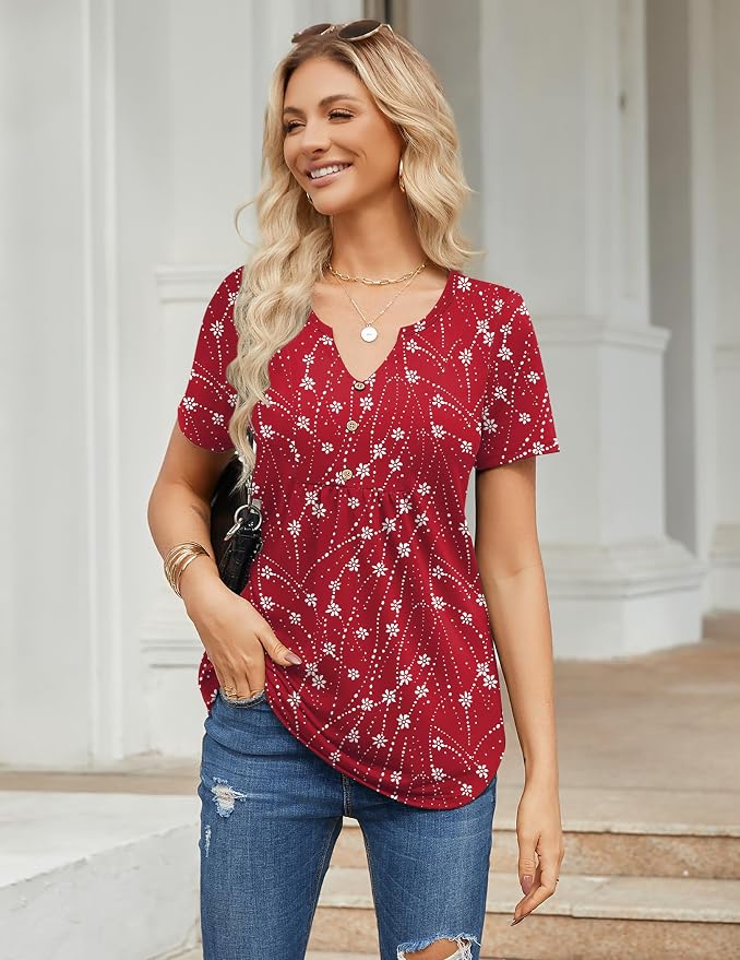 Zeagoo Womens Short Sleeve Tops Summer Henley V-Neck Tshirts Casual Pleated Blouse Dressy Loose Floral Basic Tee