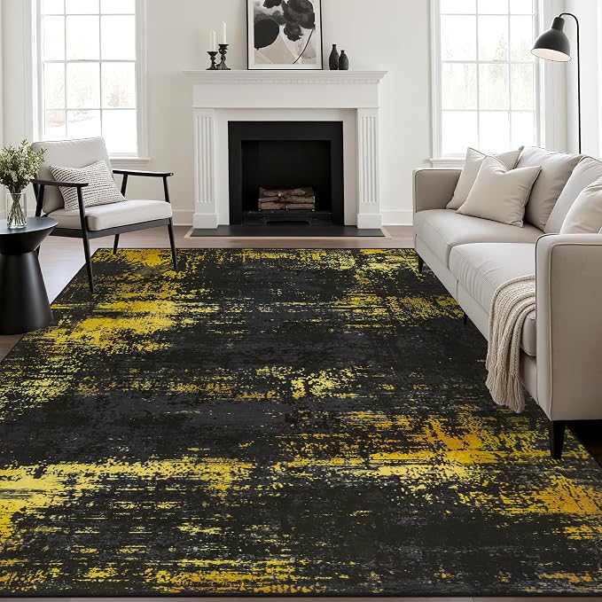 5x7 Area Rug Living Room Rug: Washable Modern Abstract Soft Thin Rug Indoor Floor No Slip Carpet for Bedroom Dining Room Farmhouse Nursery Home Office - Dark Black Gold