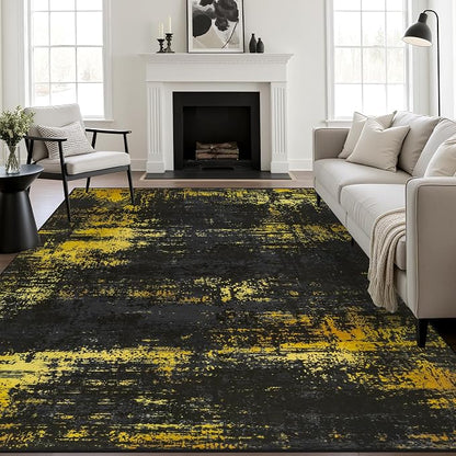5x7 Area Rug Living Room Rug: Washable Modern Abstract Soft Thin Rug Indoor Floor No Slip Carpet for Bedroom Dining Room Farmhouse Nursery Home Office - Dark Black Gold