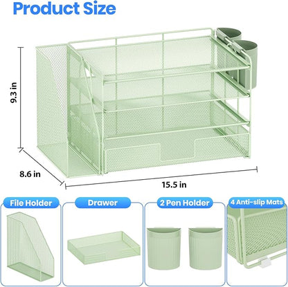 OPNICE Desk Organizer, 4-Tier Desktop File Organizer with Drawer and Pen Holders, Office Desk Accessories, File Sorters, Workspace Organizers for Office Supplies(Green)