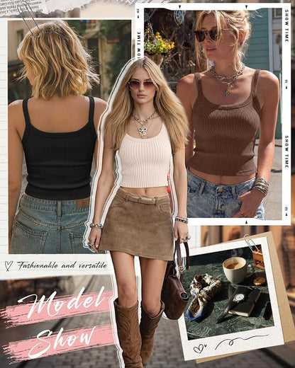 Ficerd 3 Pack Women's Tank Tops 95% Cotton Spaghetti Strap Ribbed Crop Camisole Slim Fitted Basic Summer Sleeveless Layer
