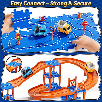 Toddler Puzzle Race Cars Track Toys for Kids Age 3-5 2-4 Years, 59PCS Puzzles Car Track Set Includes 2 Cars and Road Signs, Educational Birthday Gifts for Kids, Boys and Girls