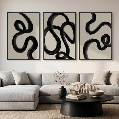 Large Framed Black and White Abstract Wall Art for Living Room, Set of 3 Modern Minimalist Canvas Prints Paintings Artwork for Walls, Neutral Pictures Wall Decor for Bedroom Hallway Office, 24x36 In
