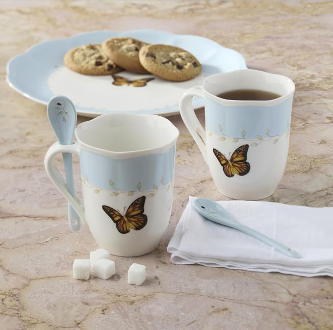 Lenox 897800 Butterfly Meadow Color Mugs With Spoons, Set Of 2, Blue