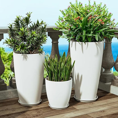 QCQHDU 24,21,11 inch Large Planters with Drainage Hole & Saucer, Set of 3 Plant Pots Tall Planter for Indoor & Outdoor Plants Home Modern Decor