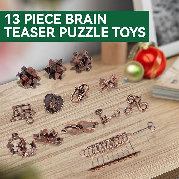13 Pcs Brain Teaser Puzzles for Adults - Metal Puzzles 3D Puzzle Game Toys for Adults Teens - Wooden Unlock Interlocking Puzzle Adult IQ Education Smart Toys