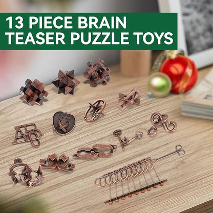 13 Pcs Brain Teaser Puzzles for Adults - Metal Puzzles 3D Puzzle Game Toys for Adults Teens - Wooden Unlock Interlocking Puzzle Adult IQ Education Smart Toys