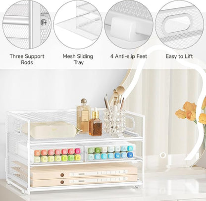 Subekyu 3 Tier Letter Tray Paper Organizer with Handle, 1 PC Sliding Tray, White Metal Mesh Desk File Folder Paper Sorter Organizer for Home Office School Desk Supplies Organization Storage