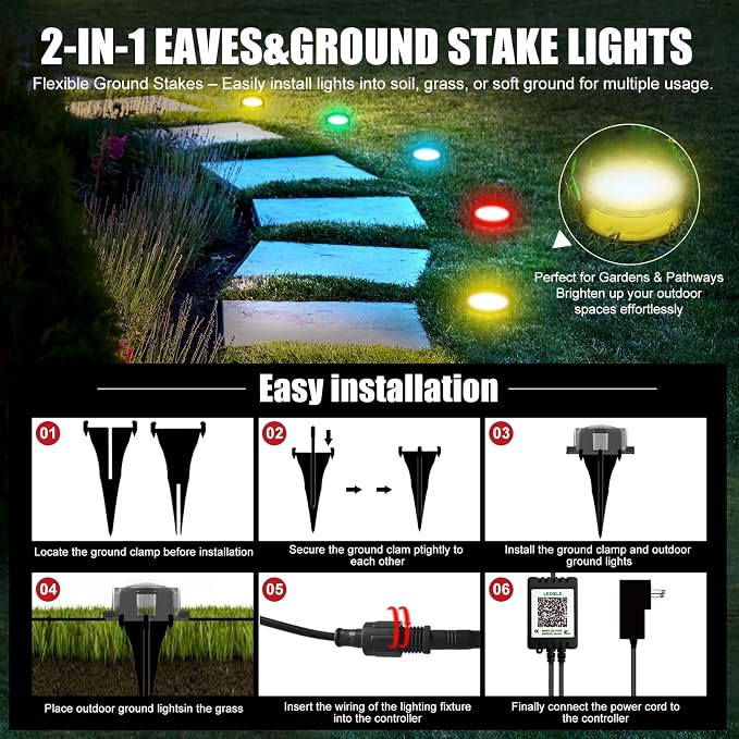 150 FT 2-in-1 Eaves & Ground Stakes LED String Lights, Outdoor RGB Light with App & Remote Control for House, Garden, and Landscape, Waterproof Smart Color-Changing Lighting for Holiday Everyday Decor