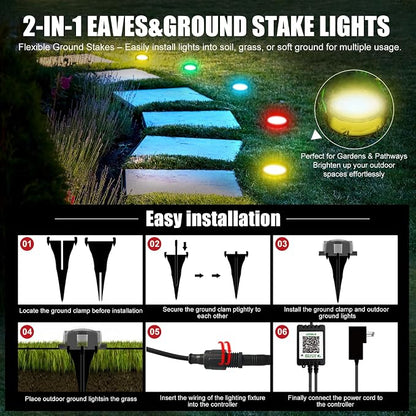 150 FT 2-in-1 Eaves & Ground Stakes LED String Lights, Outdoor RGB Light with App & Remote Control for House, Garden, and Landscape, Waterproof Smart Color-Changing Lighting for Holiday Everyday Decor