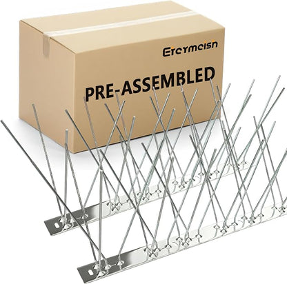 Stainless Steel Bird Spikes for Pigeons,Pre-Assembled,Anti Bird Deterrent Spikes for Woodpeckers, Squirrels, Raccoons，Weatherproof Fence Spikes for Roof, Railing,Patio, 9.84 Feet