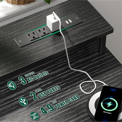 Korfile 55 Inch Gaming Computer Desk with Power Outlets,LED,5 Drawers,Black | For gaming and working,built-in power outlets and LED lights,5 fabric storage drawers, fits 55-inch, monitor stand,,black