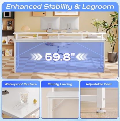 PRAISUN 63 inch Gaming Desk, LED & Power Outlets, Monitor Stand, White | Sturdy PC Desk for Home Office, Study & Work, LED Lights, 4 AC Outlets & USB-C Charging Station