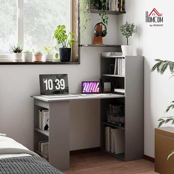 HOMCOM Modern Home Office Desk with 6-Tier Storage Shelves, 47", Gray | Writing Desk, Bookshelf