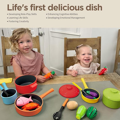 GILOBABY Kids Play Kitchen Accessories - Complete Cooking Toy Set with Pots, Pans & Utensils for Toddlers 1-3, Learning Educational Pretend Play Gift for Girls (Red)