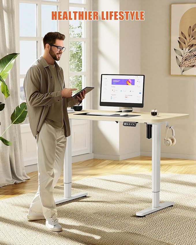 Electric Standing Desk Adjustable Height Stand Up Desk, 48" x 24" Sit Stand Desk, Low Noise Home Office Desk, Computer Desk with Whole-Piece Board, Child Lock & Memory Function, Maple