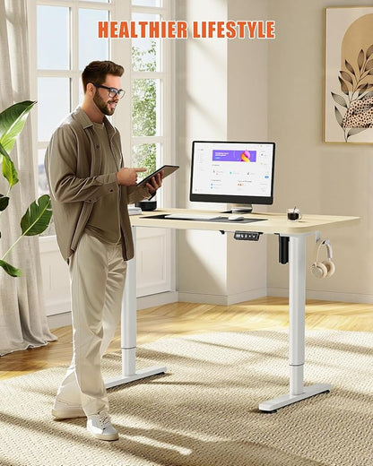 Electric Standing Desk Adjustable Height Stand Up Desk, 48" x 24" Sit Stand Desk, Low Noise Home Office Desk, Computer Desk with Whole-Piece Board, Child Lock & Memory Function, Maple
