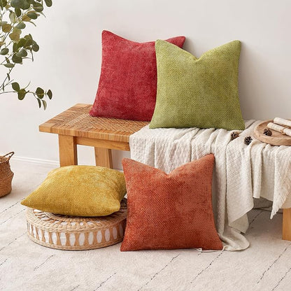 MIULEE Pack of 4 Burnt Orange Couch Throw Pillow Covers 18x18 Inch Yellow Green Soft Decorative Chenille Pillows Farmhouse Accent Cushions for Boho Fall Home Decor Sofa Bedroom Living Room