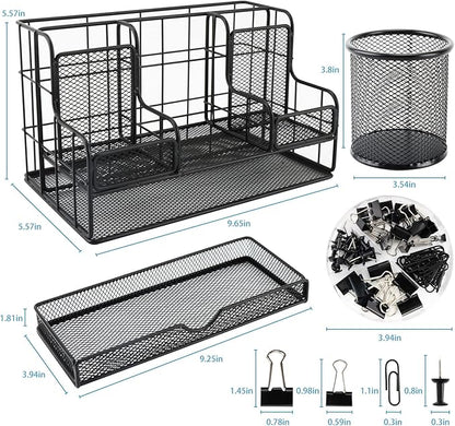 Desk Organizers Caddy and Accessories with 7 Compartments + Pen Holder / 72 Clips Set, Drawer, Black Mesh Office Supplies Desktop Organizer for Home, Office Ect