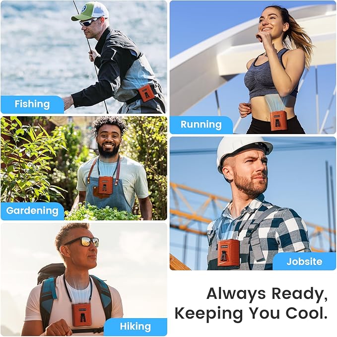 KIBEE Waist Clip Fan with LED Light, 5 Speeds 12500RPM, Up to 29H Runtime, Rechargeable Hands-Free Fan for Outdoor Work & Hiking