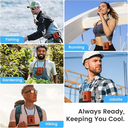 KIBEE Waist Clip Fan with LED Light, 5 Speeds 12500RPM, Up to 29H Runtime, Rechargeable Hands-Free Fan for Outdoor Work & Hiking