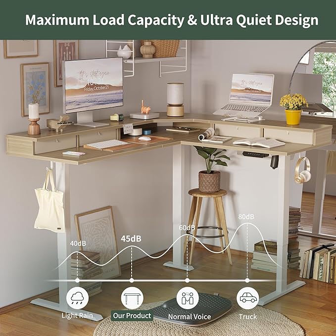 FEZIBO 63" L Shaped Standing Desk with 4 Drawers, Electric Standing Gaming Desk Adjustable Height, Corner Stand up Desk with Splice Board, White Frame/Light Walnut Top