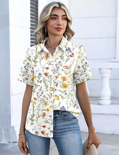 Zeagoo Button Down Shirts for Women Short Sleeve Collared Tops Dressy Casual V Neck Blouses