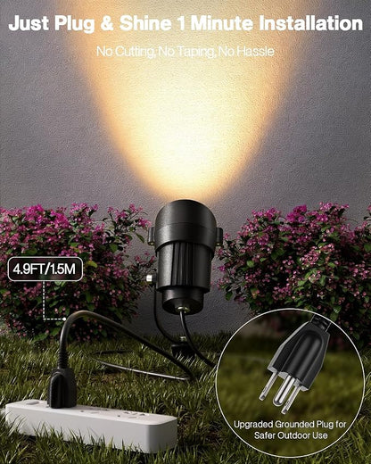 HIBOITEC 12W Plug in Outdoor Spotlights 6 Packs, 36° COB LED Spot Light Waterproof, ET; Listed 2900K Landscape Lights with Aluminum Stake for Yard Driveway Garden House Facade