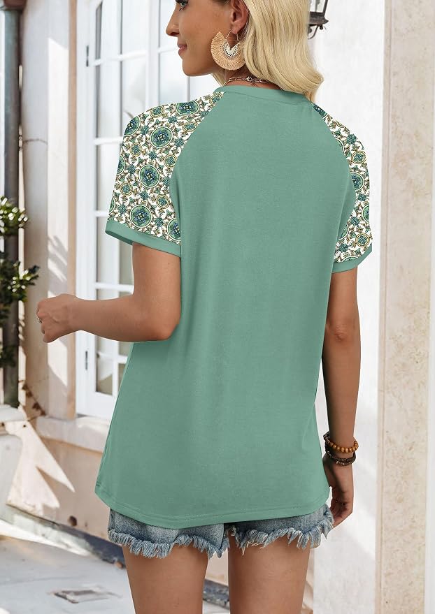 WIHOLL Womens Summer Tops Color Block Short Sleeve Raglan Shirts Spring Fashion Clothes Vacation Outfits