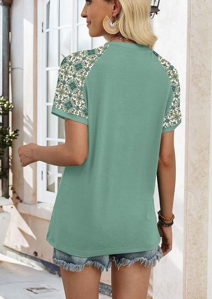 WIHOLL Womens Summer Tops Color Block Short Sleeve Raglan Shirts Spring Fashion Clothes Vacation Outfits