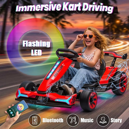 24V Electric Go Kart, Kids Drift Kart with Dual 400W Motors, Length Adjustable Seat, 8.2 MPH Max, 130LBS Max Load, Outdoor Ride on Toy Crazy Kart w/Bluetooth Music, Rainbow Light