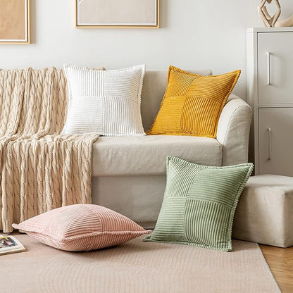 MIULEE Spring Decorative Throw Pillow Covers for Couch Bed Livingroom 16x16 Inch Set of 2 Sage Green Boho Accent Throw Pllows Broadside Striped Patchwork Soft Corduroy Pillowcases